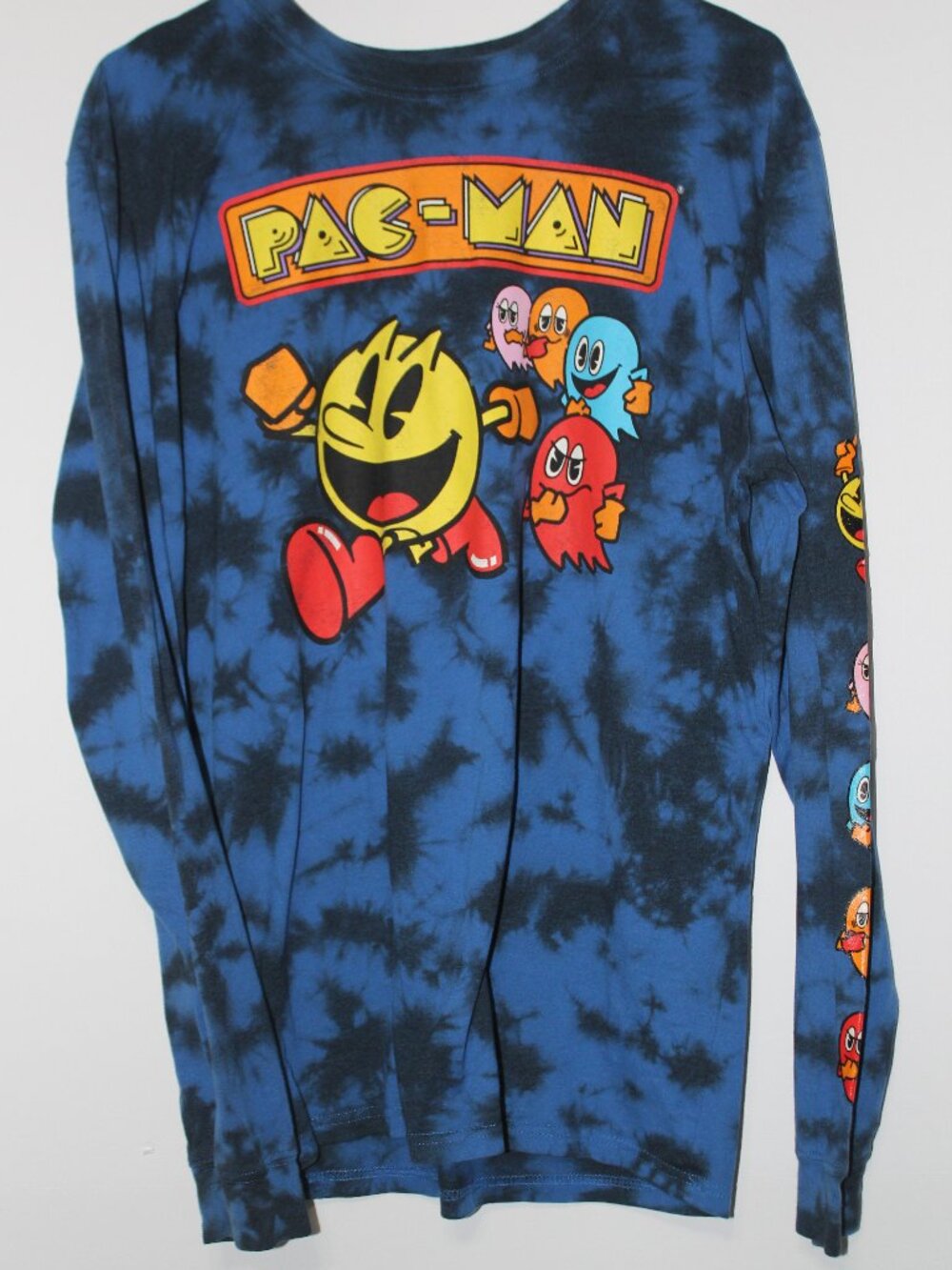 Pac-Man T-Shirt Men’s Medium Blue Tie Dye Long Sleeve Arcade Graphic Tee